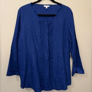Eileen Fisher 100% Irish Linen Sapphire Blue Fringe Button Up Blouse size XL